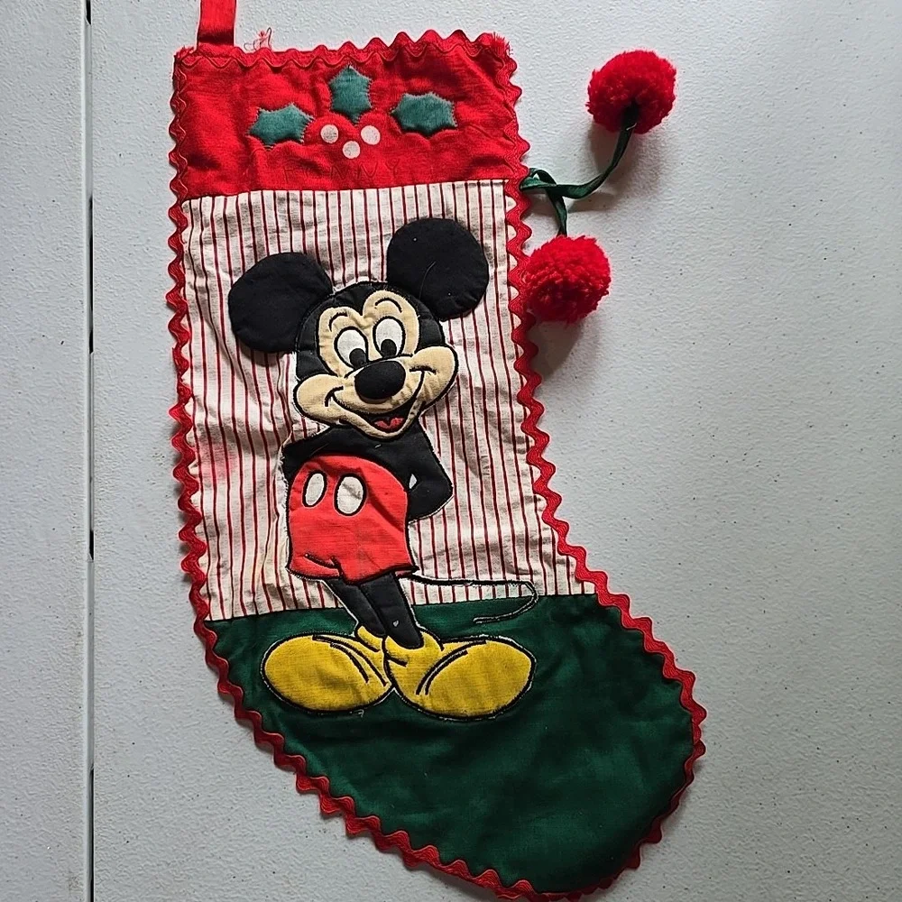 Vintage Walt Disney Christmas Stocking‎ Lot Felt Mickey Mouse Minnie Pink Red